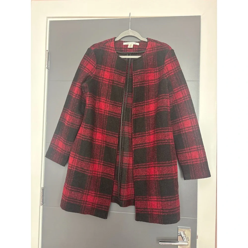 MAX STUDIO Womens‎ Red Black Plaid Collarless Open Front Coat Jacket M